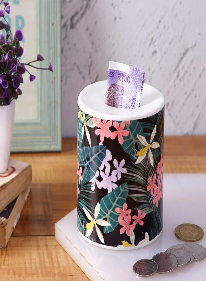 PentaDeco Black Floral Ceramic Money Box | 4-Inch Modern Piggy Bank | Stylish Ceramic Coin Saver & Room Decor Accent - Image 1